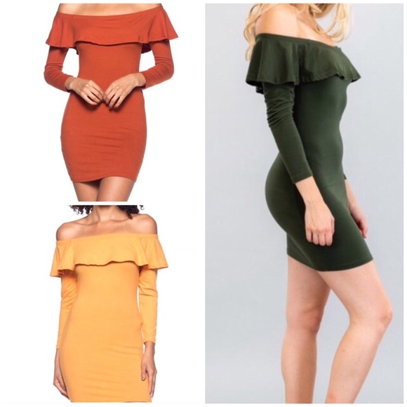 Off Shoulder Long Sleeve Green Ruffle Dress - Picture 6 of 7